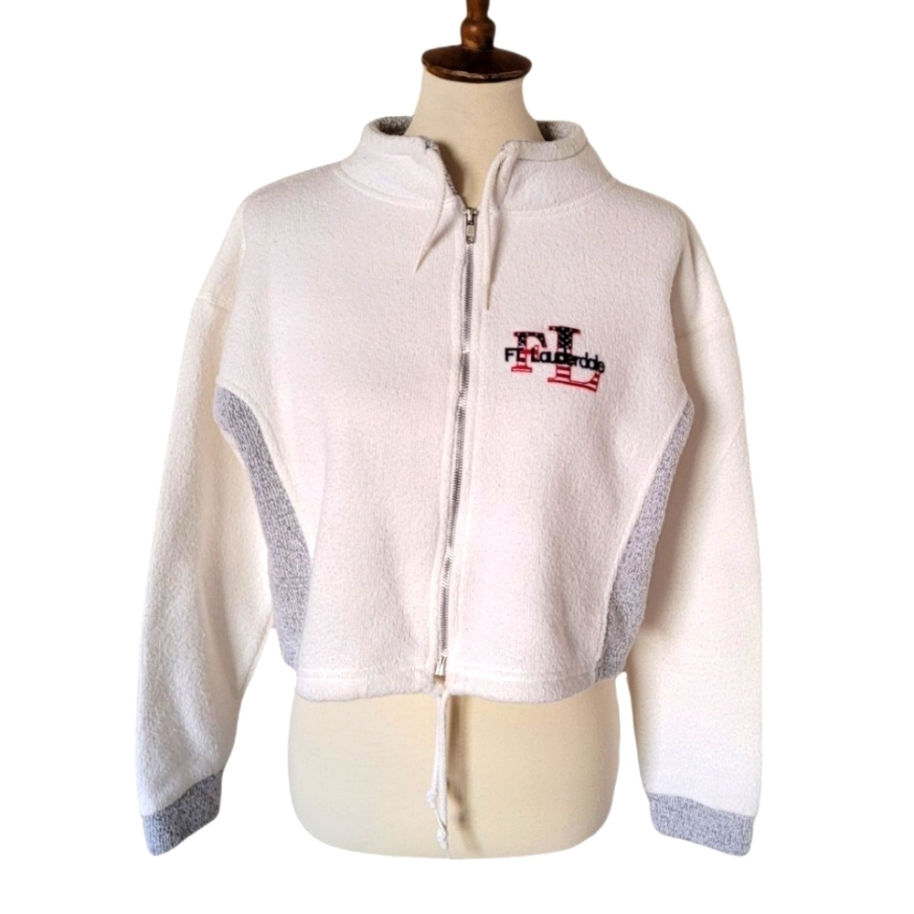 Vintage - White and GrayTerry Cloth Cropped Ft. Lauderdale Zip Front Jacket